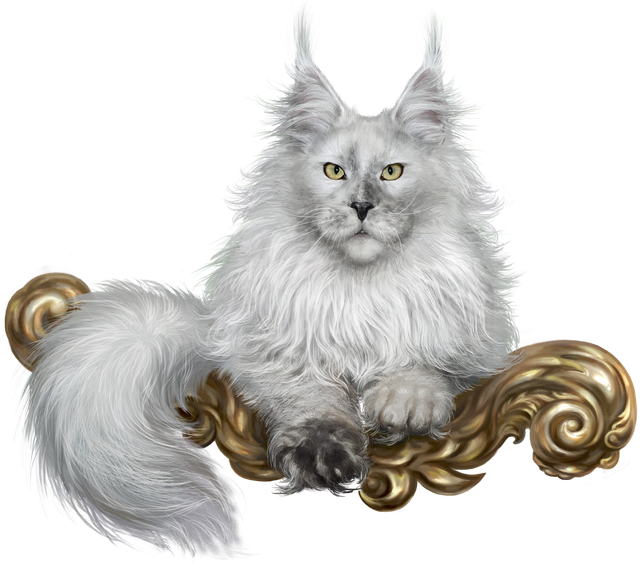 A white cat sitting on top of a gold branch.